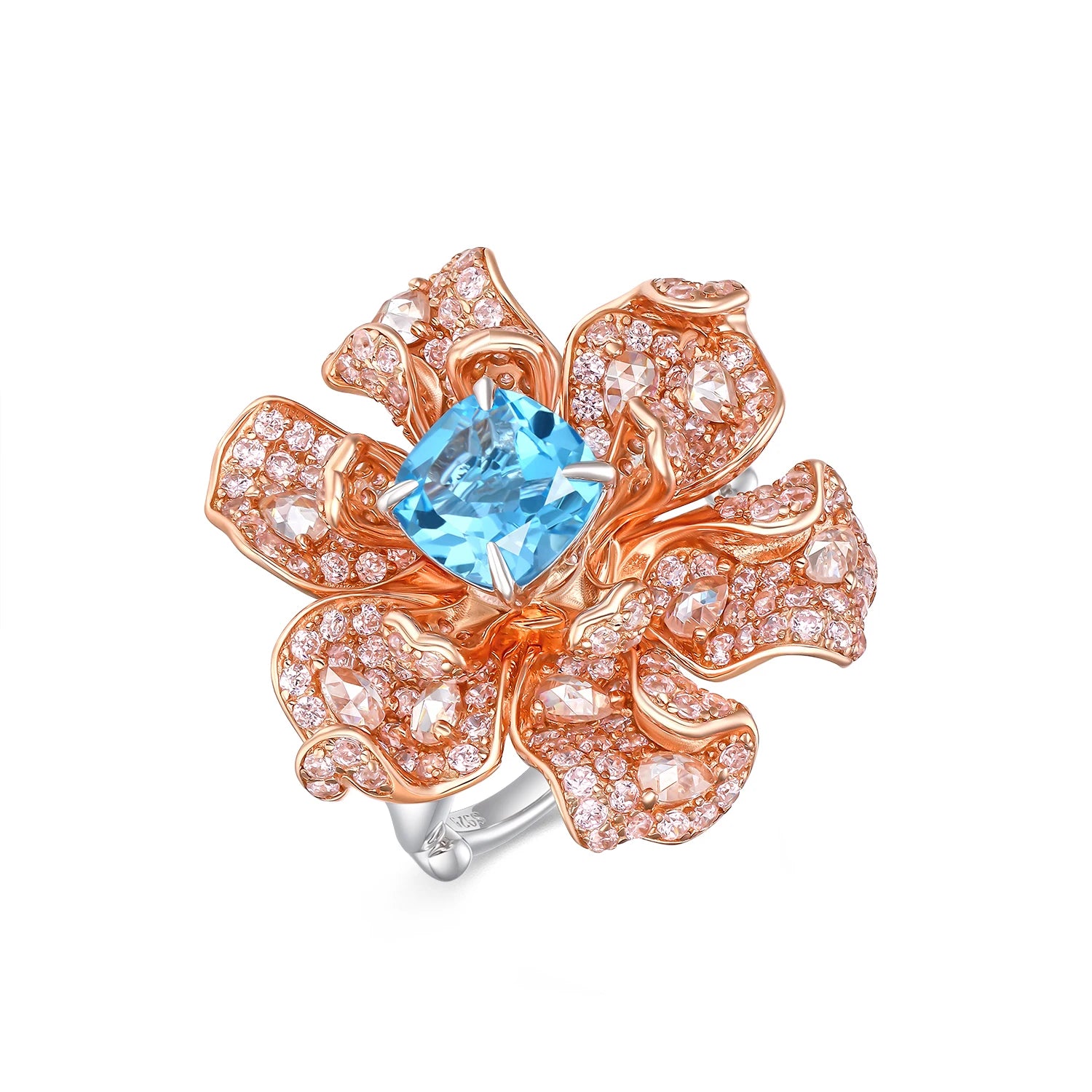 YBO New Design Full Diamond Pave 7MM Cushion Blue Topaz 925 Sterling Silver Flower Engagement Rings for Wedding and Party