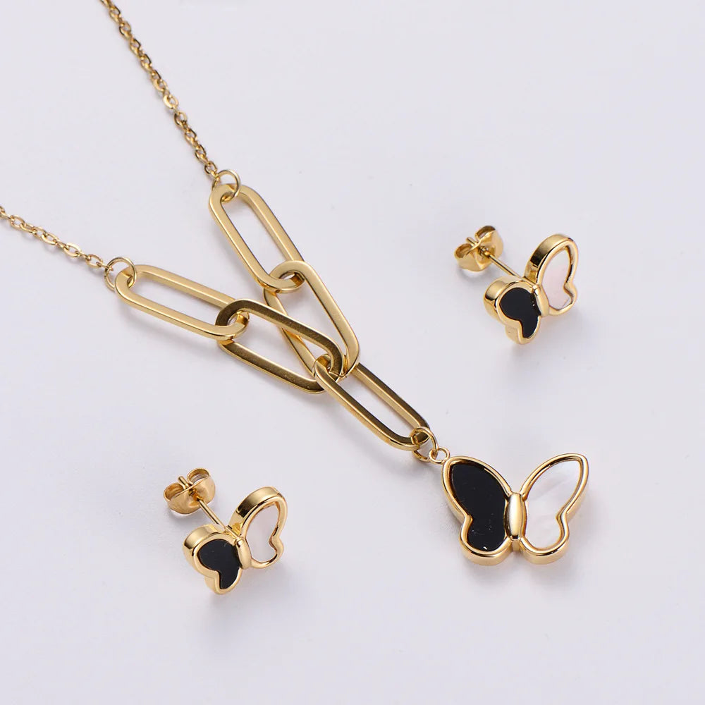 Waterproof Elegant Stainless Steel Jewelry Wholesale butterfly Necklace and Earrings Set
