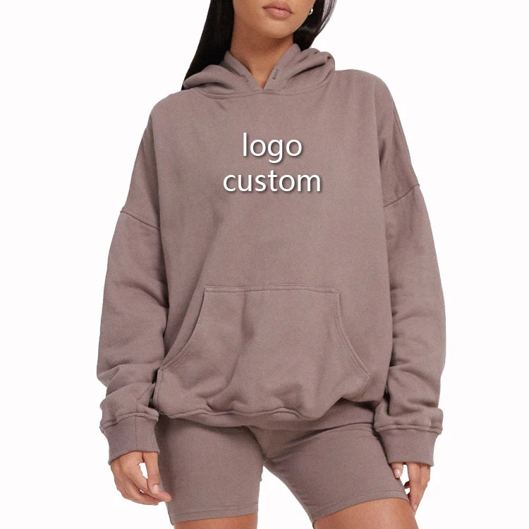 Women Clothing Custom Embroidered logo French Terry Pullover Hooded Sweatshirt Casual Thick Jogger Loose Screen Printing Hoodie