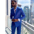 Fashion Blue Formal Men's Suits  Blazer Pants Peaked Lapel Double Breasted Wedding Groomsman Prom Outfits 2 Piece Jacket Pants