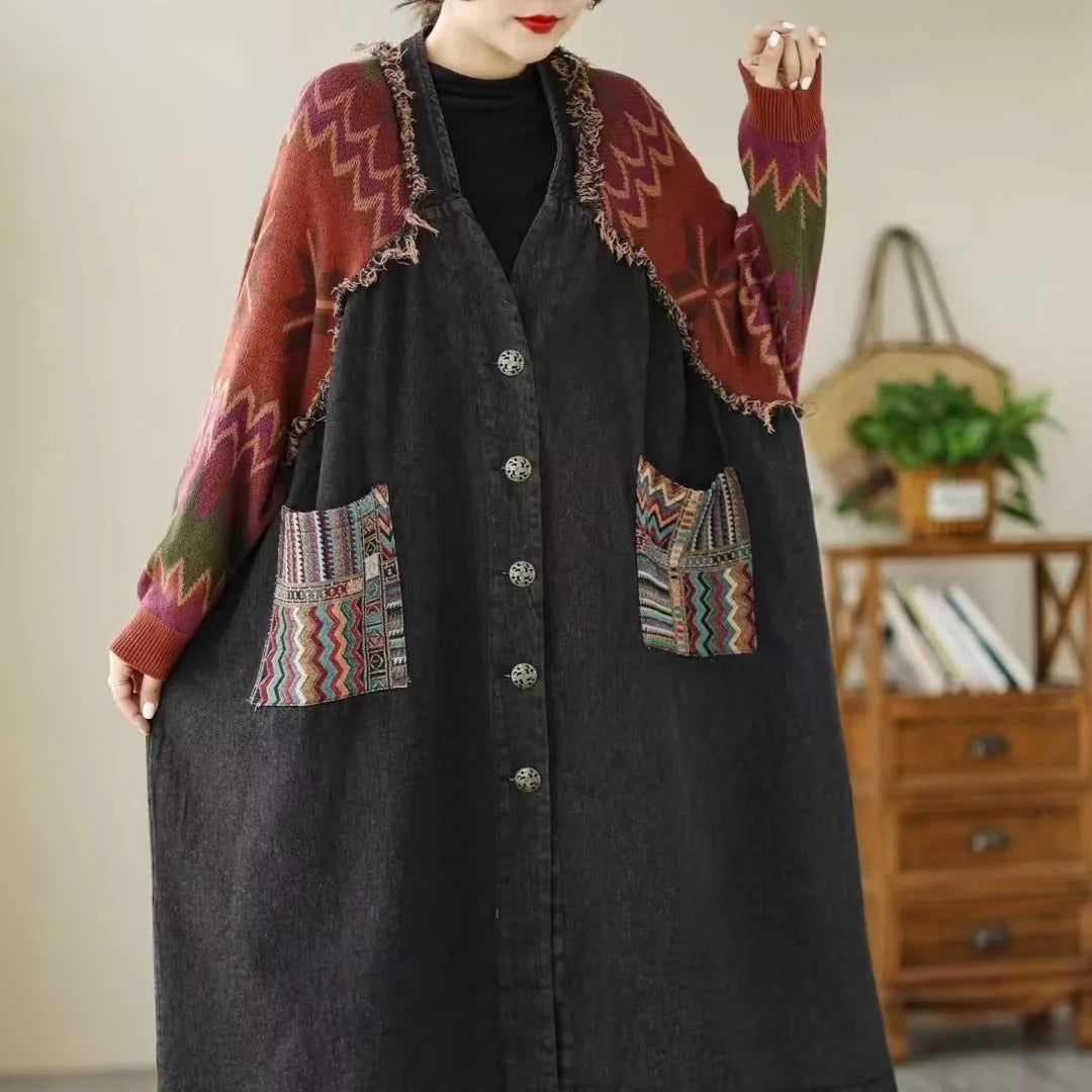 Wholesale 2026 Autumn New Art Retro Style Loose Large Knitted Denim Splice Long Personalized Women's Trench Coats