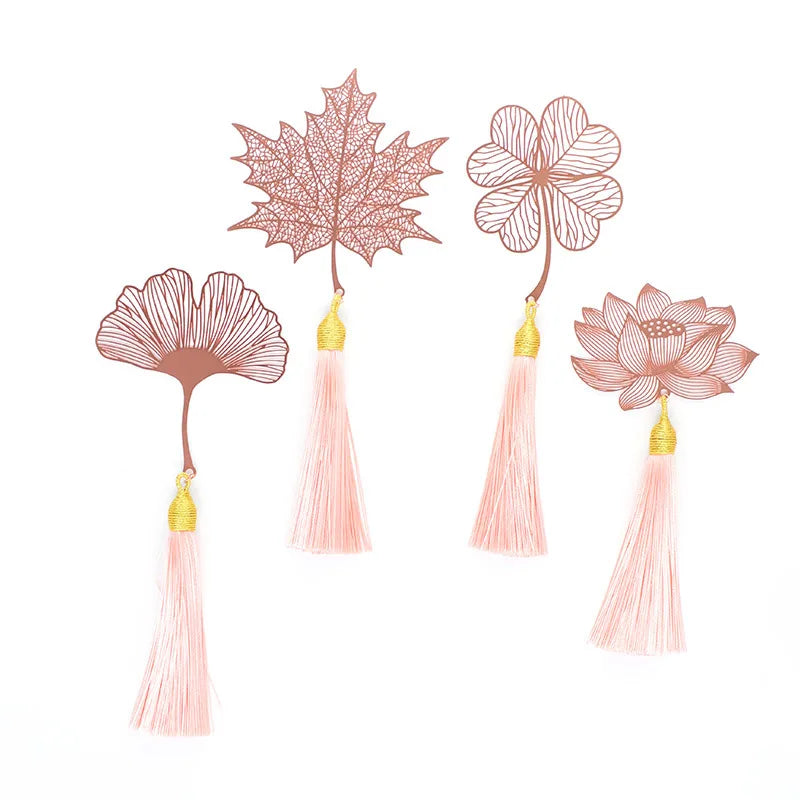 Rose Gold Metal Bookmark Chinese Style Vintage Creative Leaf Vein Hollow Maple Leaf Fringed Apricot Leaf Tassels Bookmark Gifts