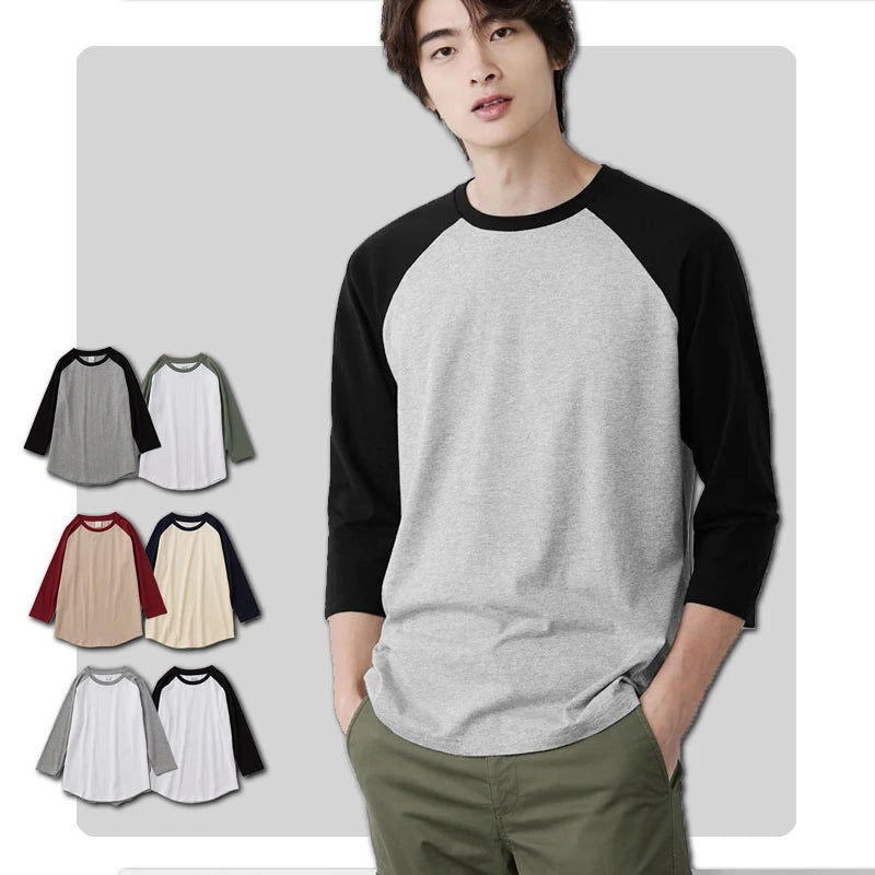 Custom European  American 2022 Solid  Breathable Printing 100% Cotton Round Neck T-Shirt Men Three Quarter Sleeves