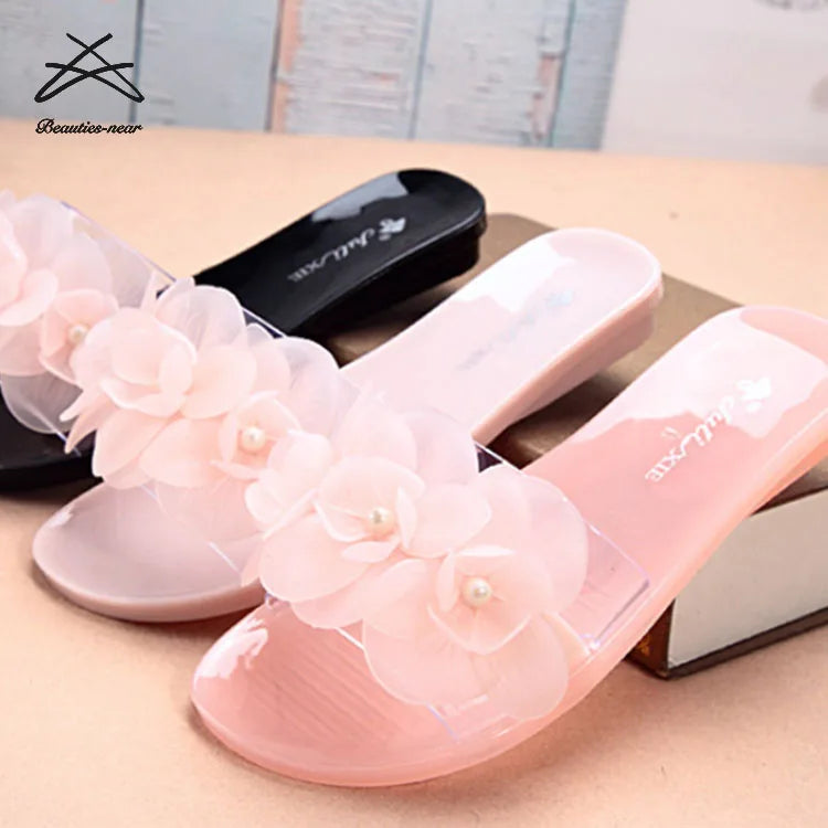 Ladies New Design Pink Girl Women PVC Soft Transparent Summer Flower Floral Beach Slide Ladies Slide Sandals Shoes