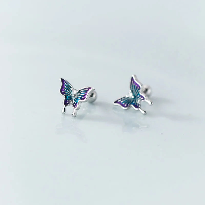 Fashion CZ Zircon Enamel Butterfly Animal Screw Ball Stud Earrings S925 Sterling Silver Jewelry for Women Gifts