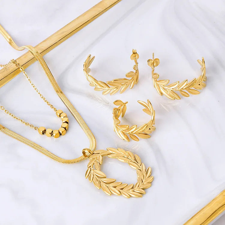 Fashion 316L Stainless Steel Jewelry Set Tarnish Free Gold Plated Olive Brach Leaf Necklace Earring Ring 3 Pieces Jewelry Set