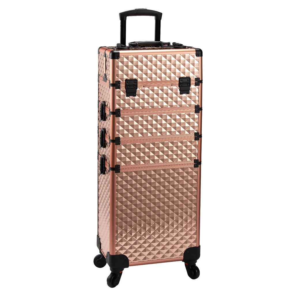 Gold 4 1 Aluminum Large Makeup Train Case Lockable Rolling Travel Salon Trolley Open Cosmetics Hairdressing Storage Makeup Case