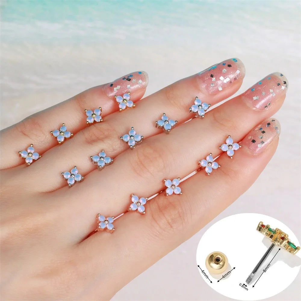 Fashion Women's Zircon No Fade Cartilage Earrings Brass Blue Flower 18K Gold Cubic Zirconia Piercing Jewelry Bone Ear Studs