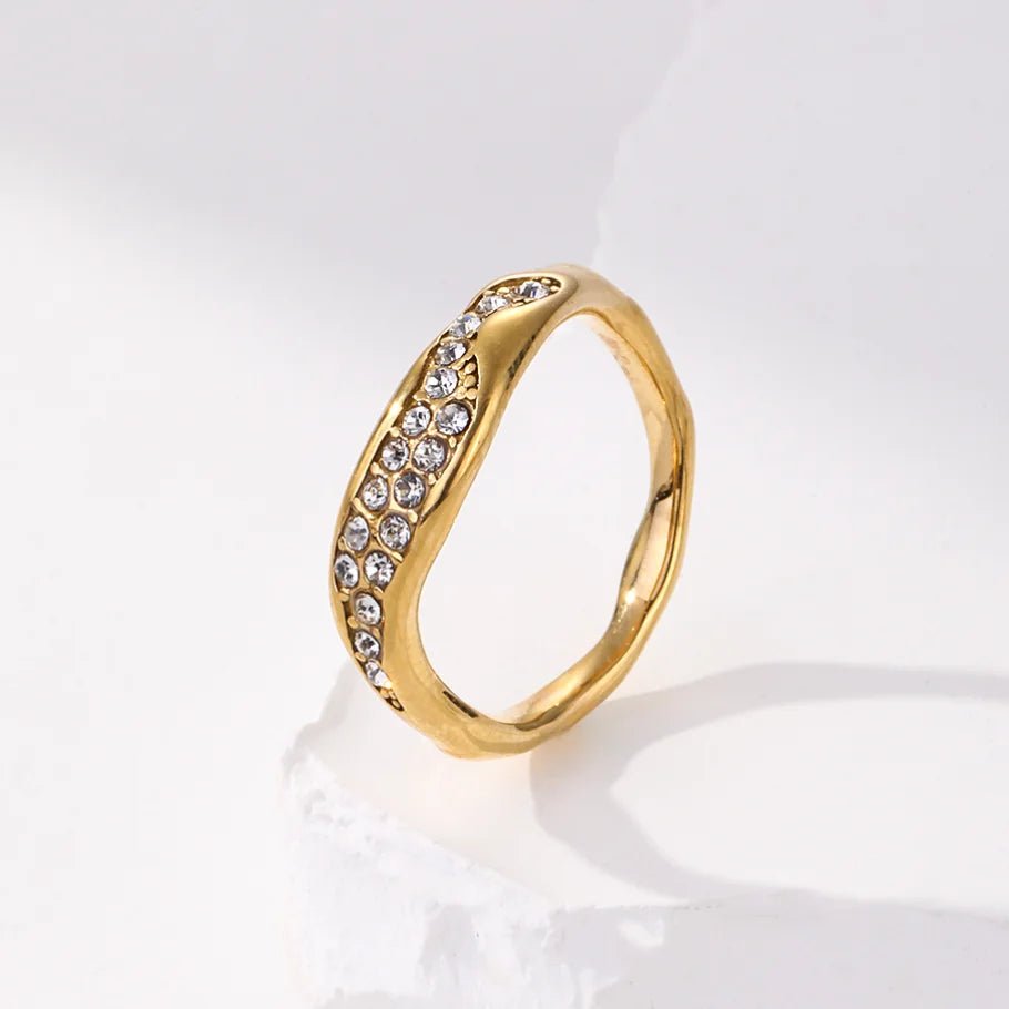Hypoallergenic Water Proof 18k Gold Cubic Zirconia Half Eternity Anniversary Curve Band Wave Affordable Ring