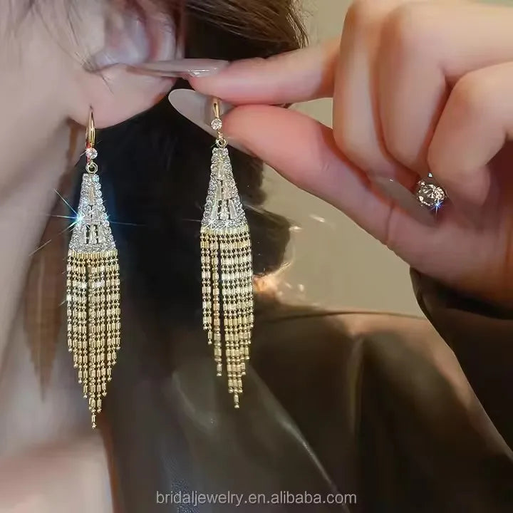 Fashionable Temperament Personalized Luxury Exquisite Wedding Birthday Party Sparkling Bride Elegant Pendant Tassel Earrings
