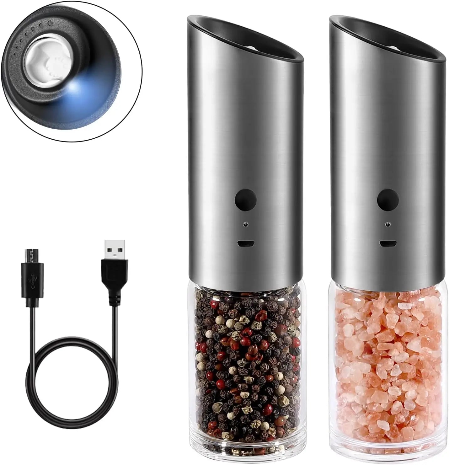 CE Rohs Rechargeable USB Ceramic Burr Spice Mill  Gravity Electric Salt and Pepper Grinder with LED Light