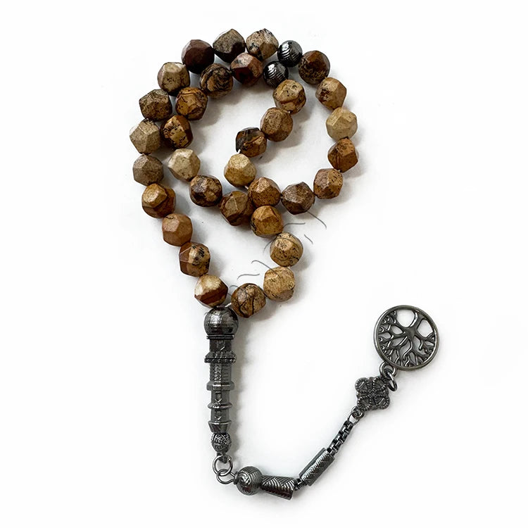 Islamic Religious Picture Jasper Beaded Necklace Tasbih Misbaha Prayer Beads Set Unisex