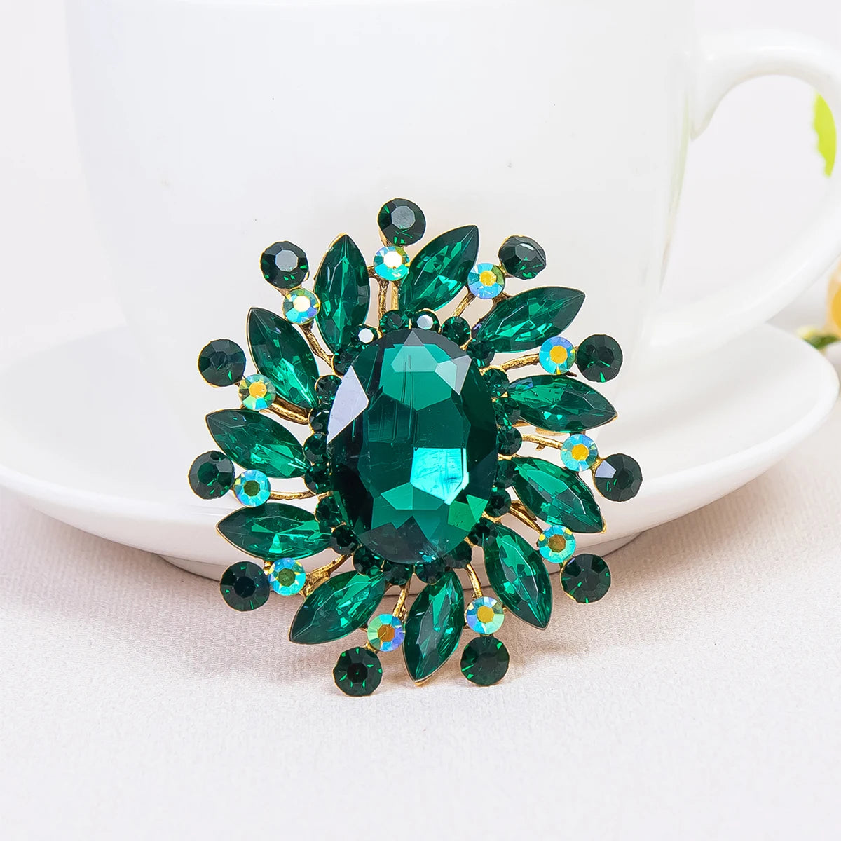 Retro Elegant Large Rhinestone Floral Brooch Colorful Glass Crystal Flower Brooch Women Accessories