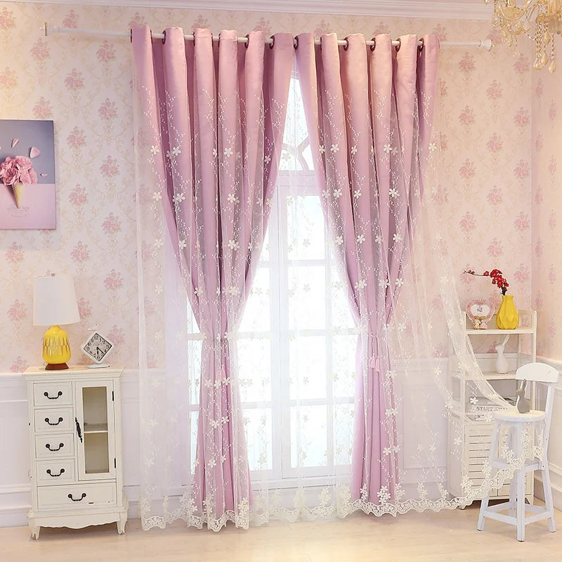 Pink Girls Blackout Curtains Double Layer Curtain Kids Drapes Flower Embroidered Voile Curtains for Girls Bedroom