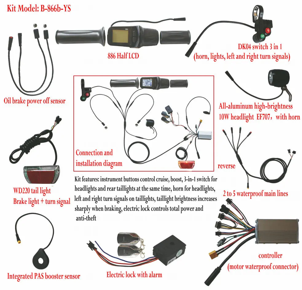 Electric Bicycle Conversion KIT Controller+Meter/LCD DISPLAY 886+Headlight+Tail Light+SENSOR+SWITCH+Waterproof Cable MTB PART