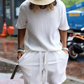 2024 Summer Solid Color Sports Casual Striped Two-piece Set Men's Oversized  Crew Neck Tshirt and Shorts Set