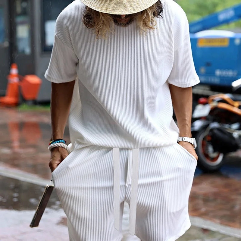 2024 Summer Solid Color Sports Casual Striped Two-piece Set Men's Oversized  Crew Neck Tshirt and Shorts Set