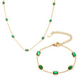 Simple 18k Gold Stainless Steel Green Rectangular Zircon Charm Necklace Emerald Zircon Necklace Bracelet Set
