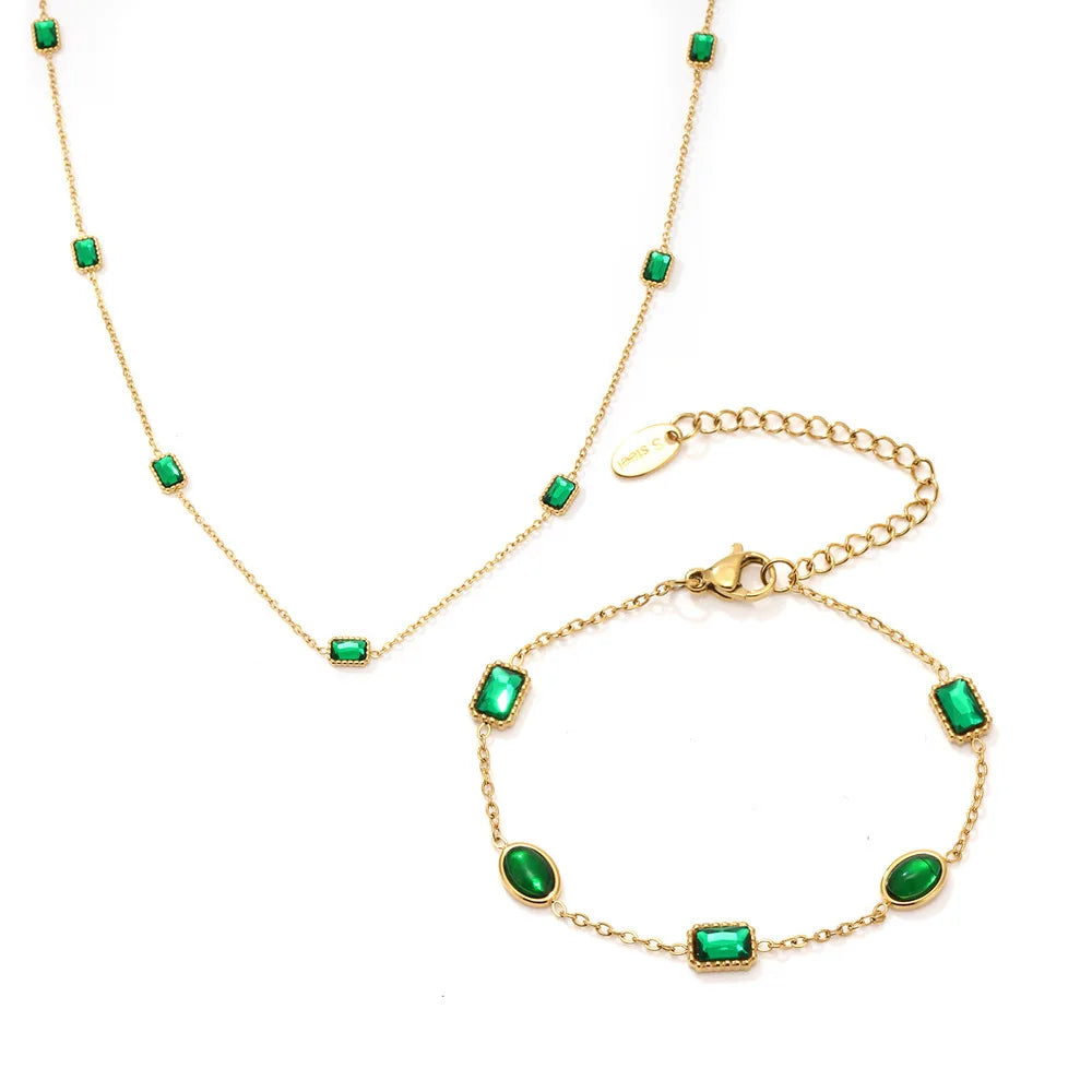 Simple 18k Gold Stainless Steel Green Rectangular Zircon Charm Necklace Emerald Zircon Necklace Bracelet Set