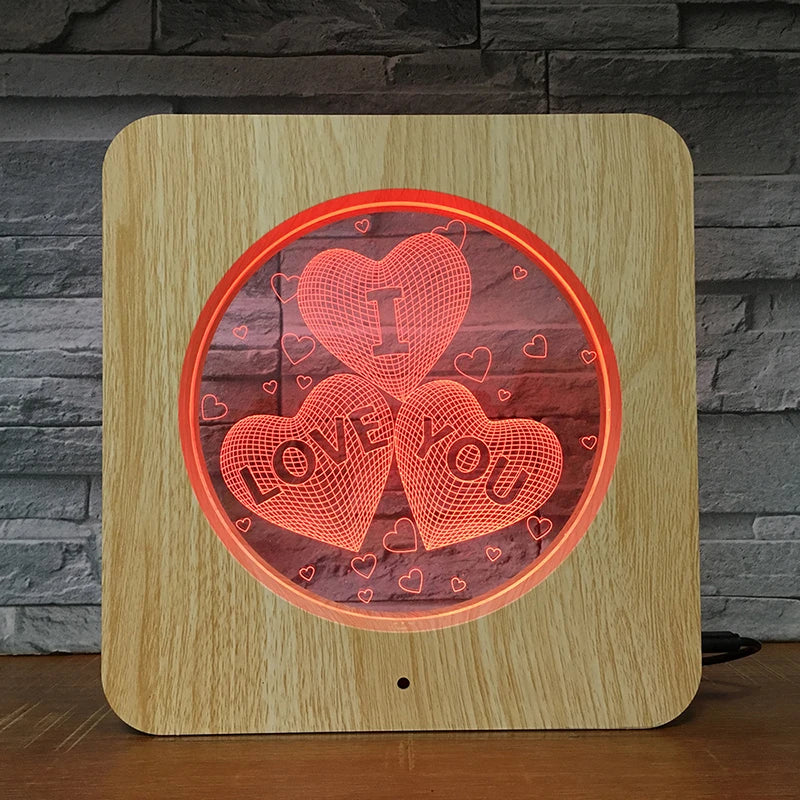 Wooden Texture Photo Frame Night Light Round Acrylic 3D Lamp 7 Colors Changeable Night Lamp for Bedroom