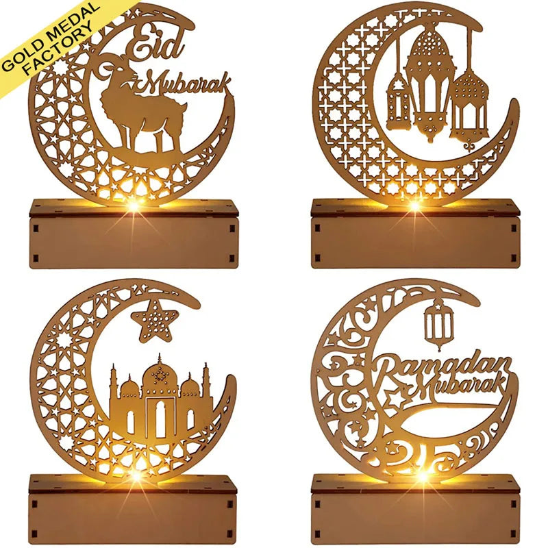 Eid and Ramadan 2025 Wood Craft Moon and Star Lantern Decorative Lights Led Ramazan Eid Muslim Islam Ornaments Ramadan Gift Set
