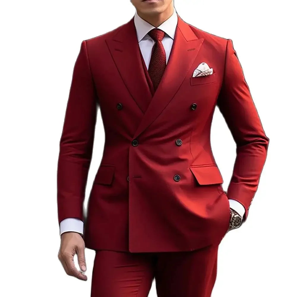 Double Breasted Red Peaked Lapel Regular Fit Formal 2 Piece Jacket Pants Evening Party Outfits Elegant Full Set Tenro Masculino