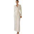 Elegant White Long-sleeve Maxi blazer Dress Tailored Tuxedo-style Wrap Design with a Deep V-neck and Shawl Lapel Featuring