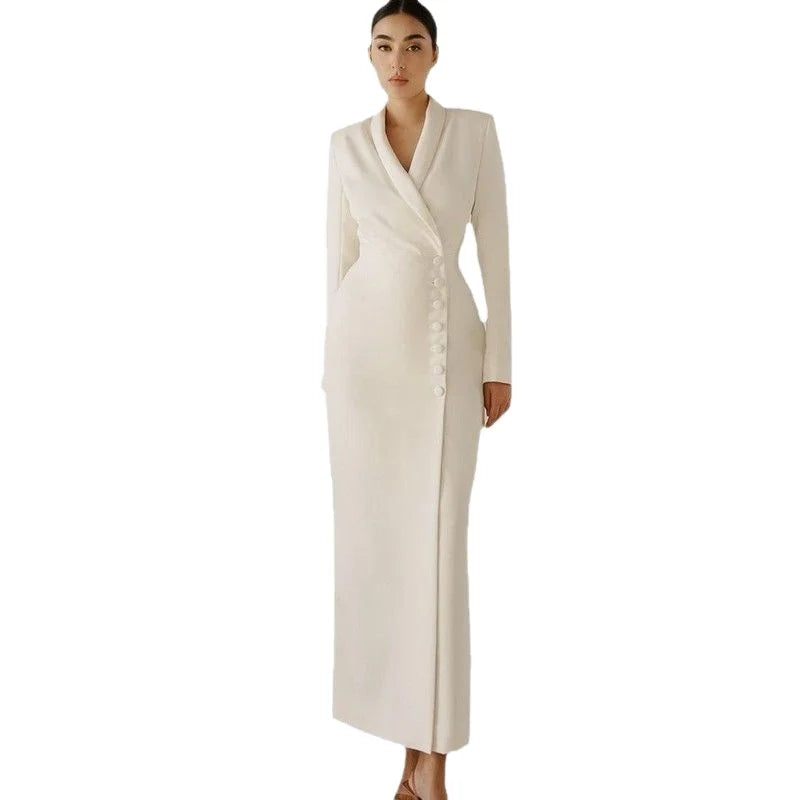 Elegant White Long-sleeve Maxi blazer Dress Tailored Tuxedo-style Wrap Design with a Deep V-neck and Shawl Lapel Featuring
