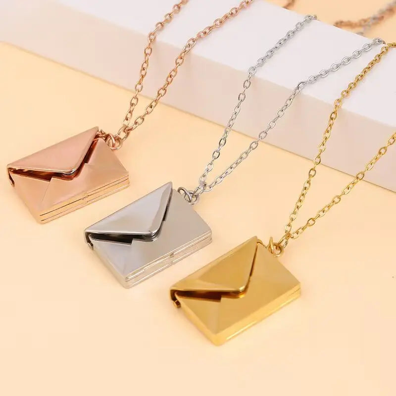 Custom Stainless Steel Locket Pendant Necklace for Women Personalized Frame with Love Letter Envelope Link Chain