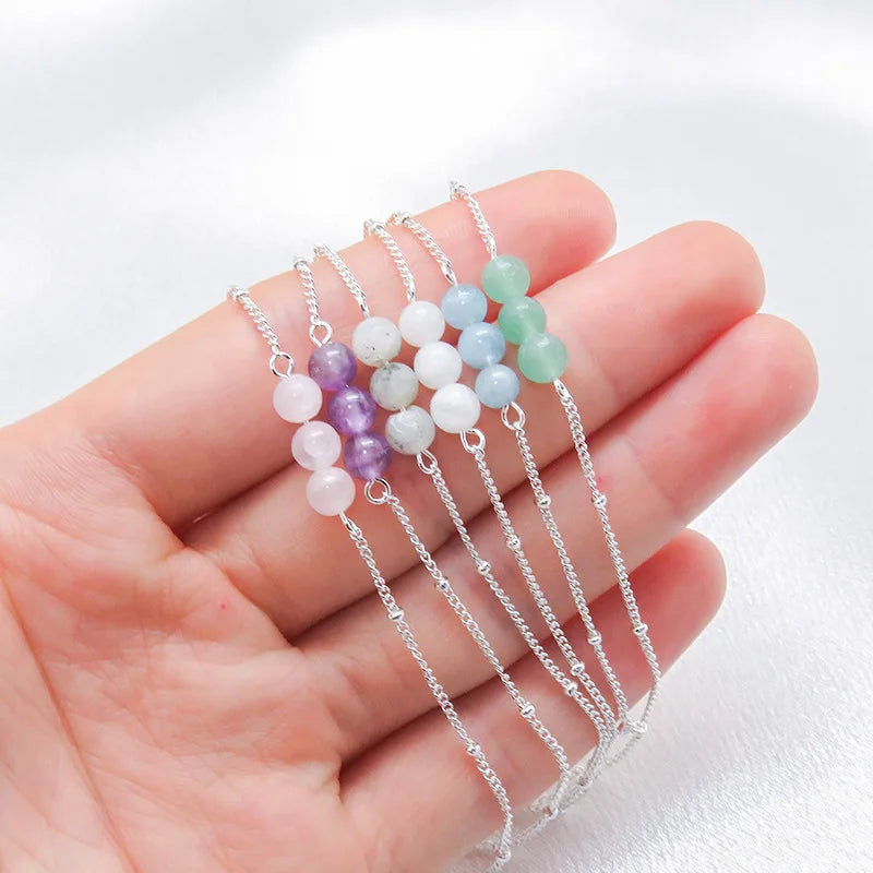 Stainless Steel Simple Natural Stone Beaded Bracelet Dainty Moonstone Amethyst Bracelet