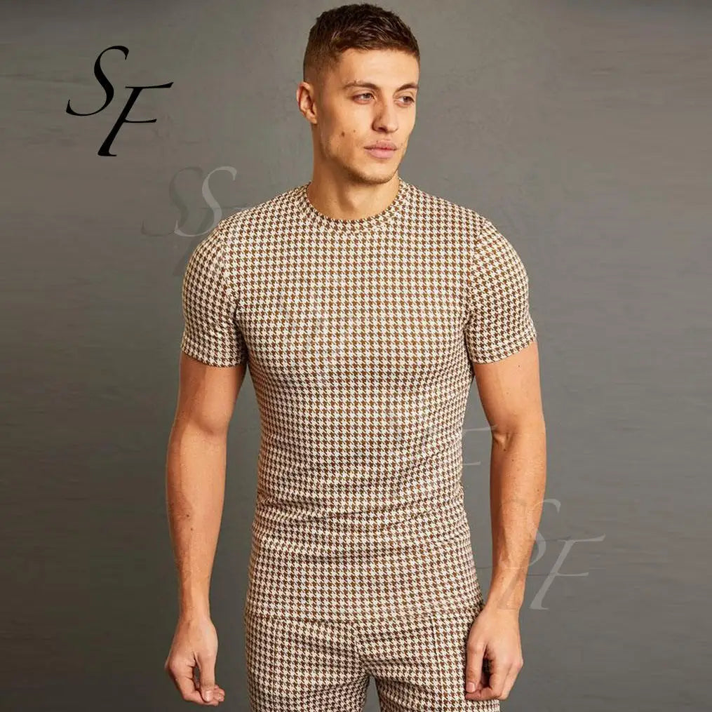 Custom Print logo Cotton Spandex Muscle-fit Houndstooth Jacquard Tops Fitness Gym Ringer Tee Shirts for Men