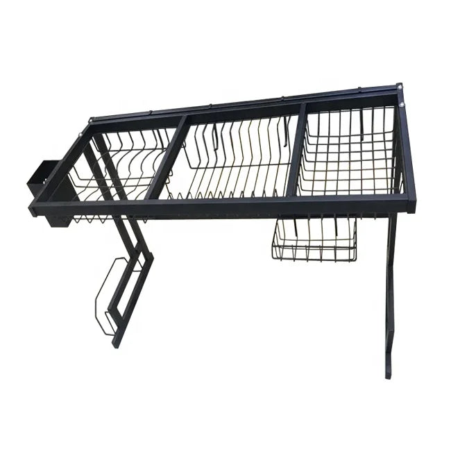 Double Tier Iron Black Powder Coated Standing Detachable Multifunction Kitchen Organizer Dish Drying Rack for Dishes and Bowls