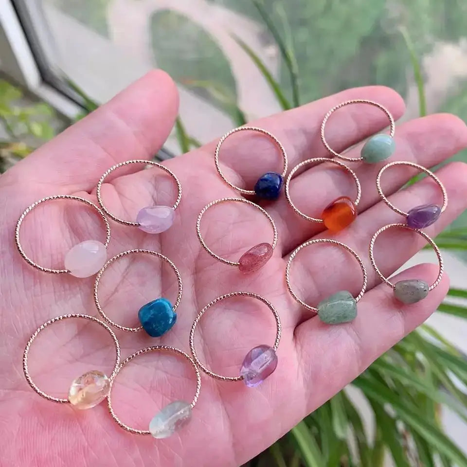 Irregular Oval Natural Stone Rose Quartz Amethyst Aquamarine Colorful Birth Stone Gemstone Ring for Women Girls