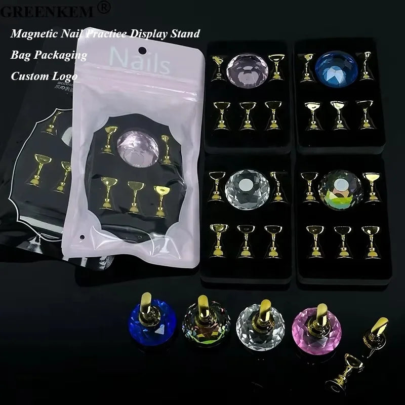 New 5Pcs Diamond Crystal Nail Practice Stand Acrylic Lotus Base Nail Tip Stand With Magnetic Nail Practice Display Stand