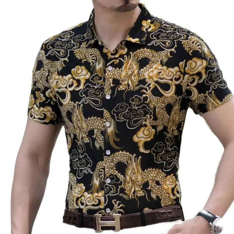RNSHANGER Fashion Gold Dragon Print Men's Shirts Casual Breathable Short Sleeve Shirts Streetwear Hip Hop Male Shirts