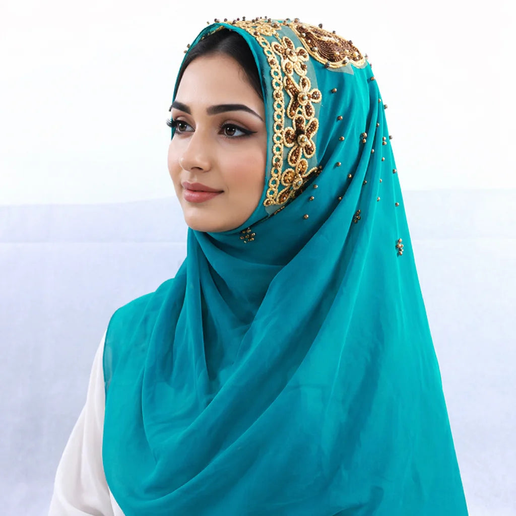Fashion Stylish Soft Chiffon Embroidered Sequin Shawl Women Nailed Pearl & Sequin Muslim Hijab Scarf Shawls
