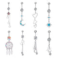 10Pcs/Set 316L Surgical Steel Belly Button Ring with Chain Color Zircon Dream Catcher Dangle Navel Ring Body Jewelry for Women