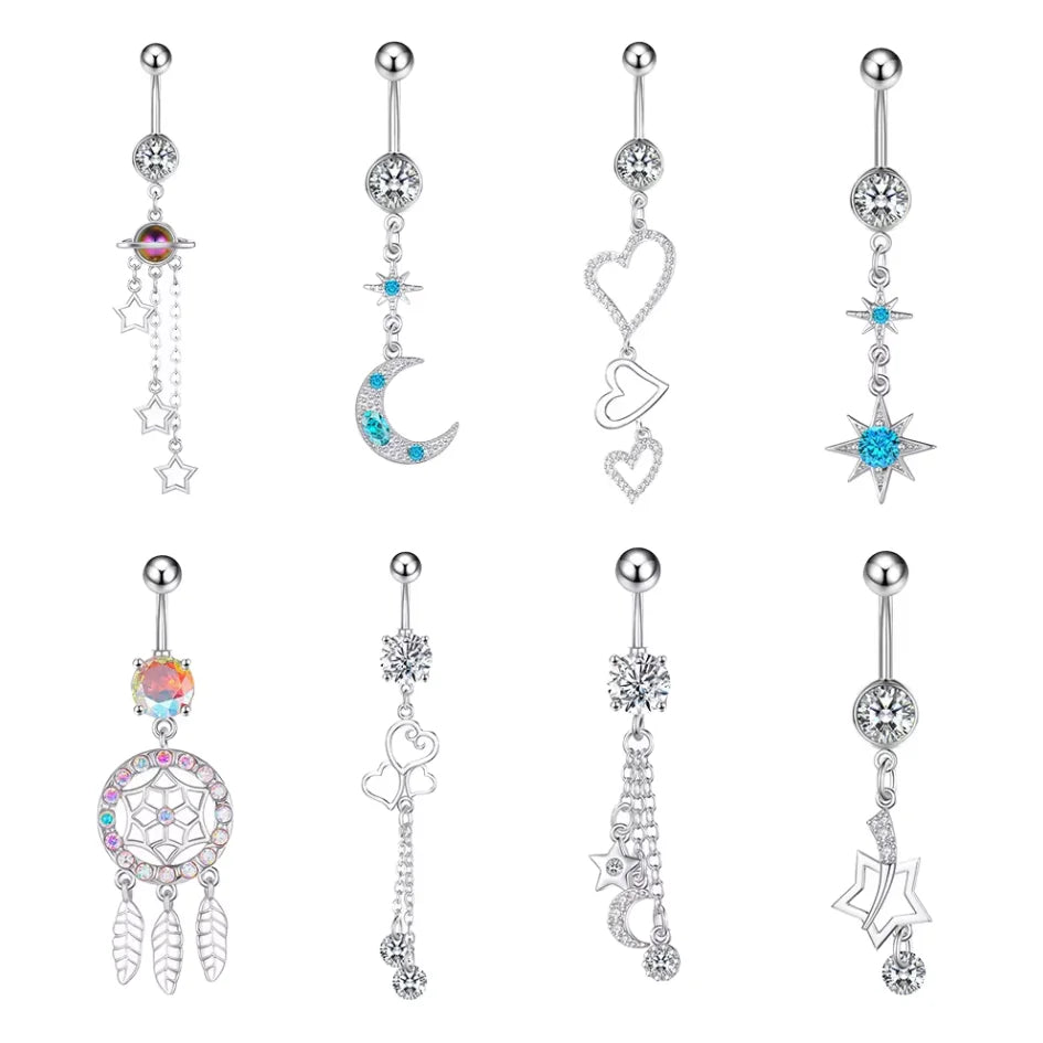 10Pcs/Set 316L Surgical Steel Belly Button Ring with Chain Color Zircon Dream Catcher Dangle Navel Ring Body Jewelry for Women