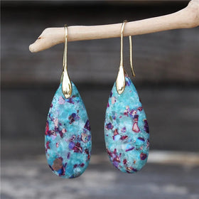 YueTong Chic Gold Natural Stone Teardrop Jasper Drop Earrings for Women Bijoux Geometric Statement Jewelry Wholesale Dropship