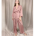 Women's Elegant Satin Complexion Cardigan with Tie-up Nightgown Solid Home Set Loose Pajamas Knee-Length for Summer