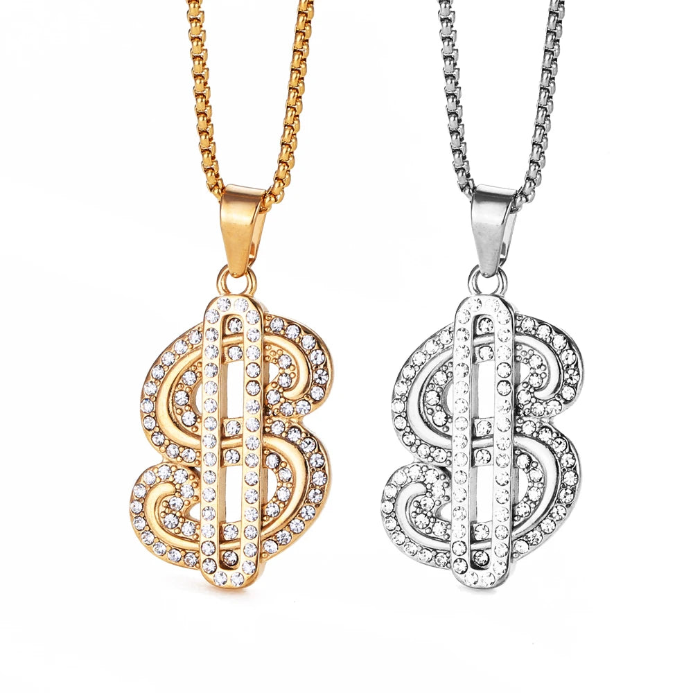 18k Gold Plated Chain Dollar Bill Necklace for Men Dollar Sign Pendant CZ Hips Hops Dollar Necklace Money Bag Rappers Necklace