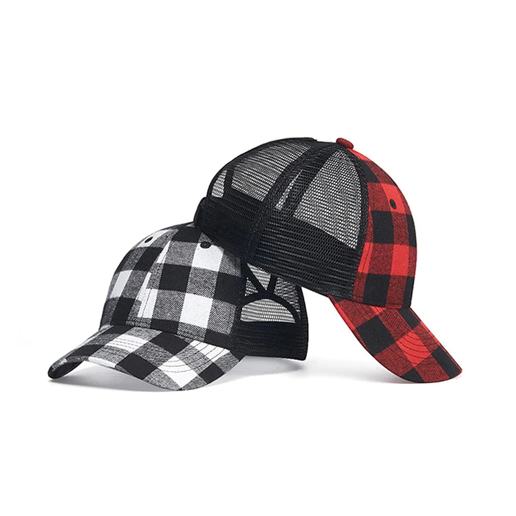 Versatile Black Red Plaid Curved Brim Baseball Cap Outdoor Sunshade Breathable Mesh Hat