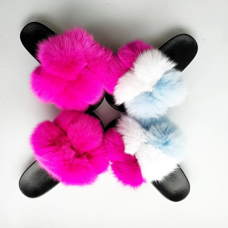 Custom Women Extra Fluffy Pvc Sandal Pom Pom Ball 2020 Sandals Real Fox Fur Slippers Raccoon Fur Slides Vendor MegaBDM