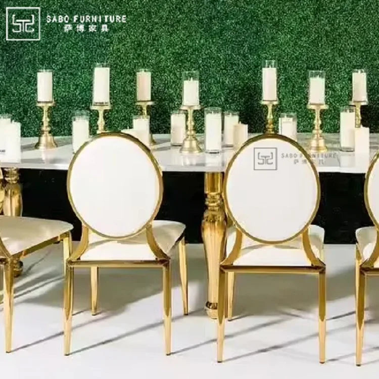 Gold Plated White Leather Iron Backrest Dining Chair Durable Stackable Hotel Furniture for Outdoor Events Weddings Villas