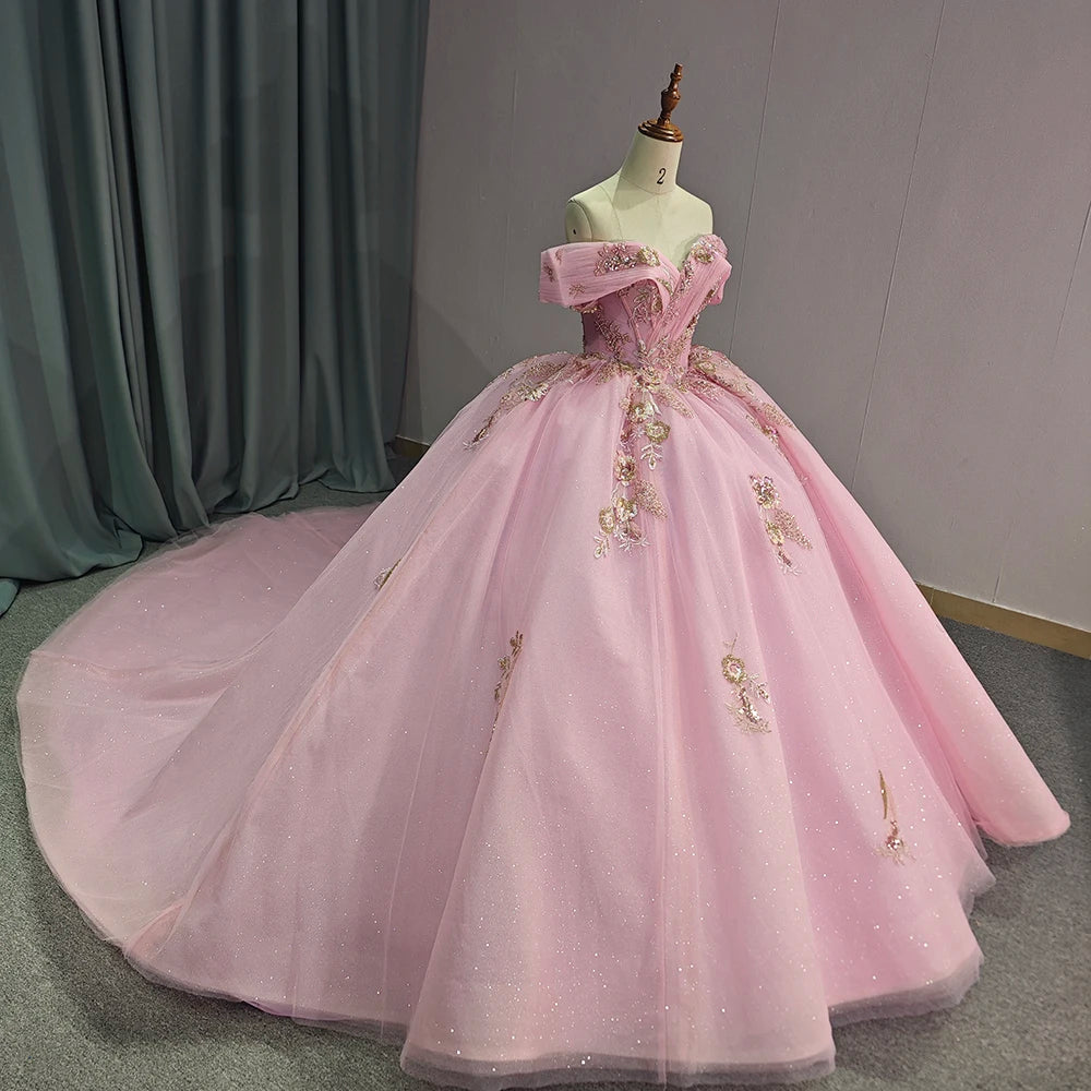 Jancember 1202 Princess Off Shoulder Sequins Empire Pink Evening Long Tail Dresses