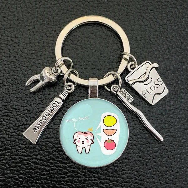 Promotion Dentist Dental Glass Key Chain Dental Gift Dental Care Metal Key Chains Glass Metal Teeth Toothpaste Dentist Keychain