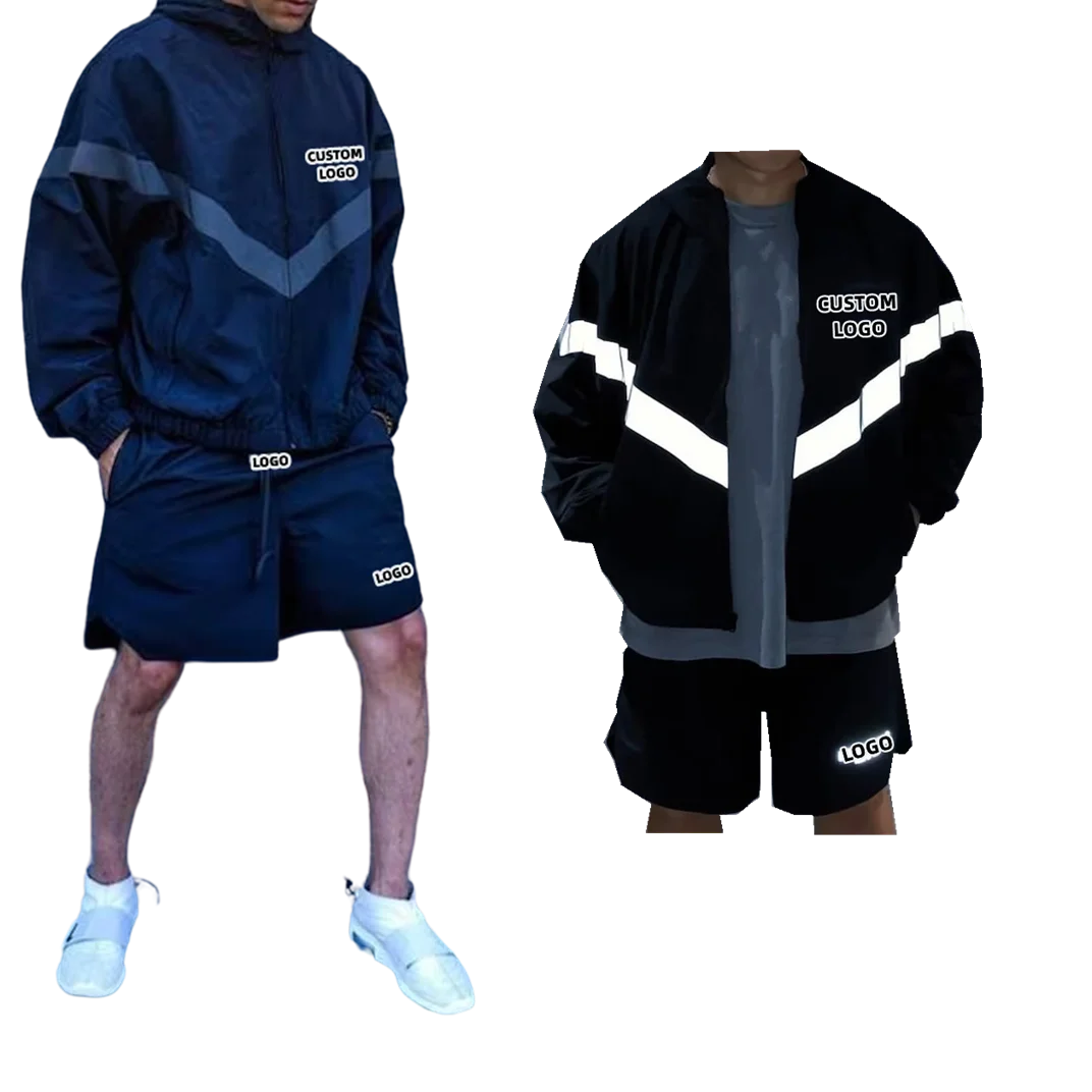 Two Piece Set Custom Reflective Print Logo Nylon Tracksuit Unisex Windbreaker Short Set Outdoor Running Tracksuit Zip up Hoodie