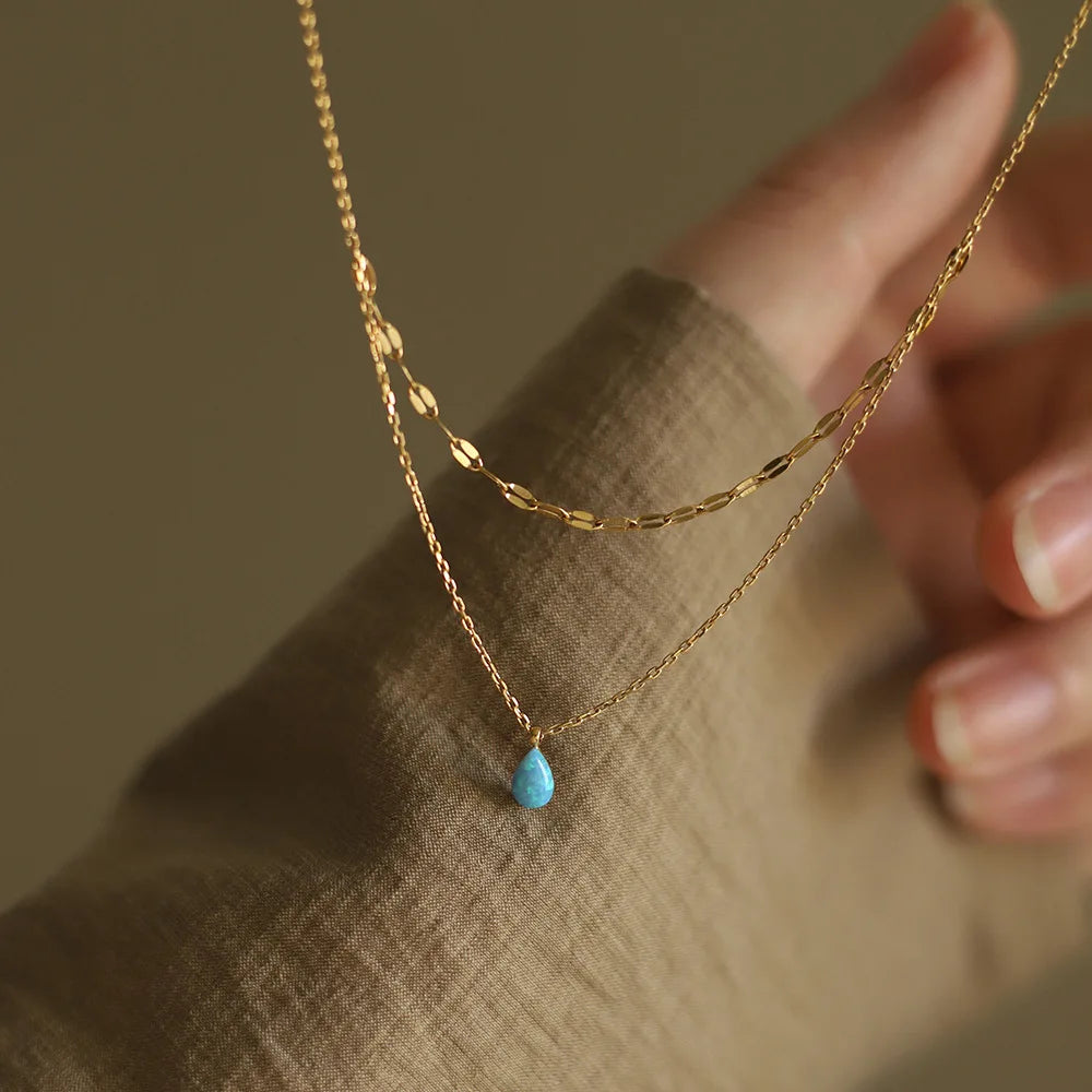 Hot Sale NO Fade 18K Gold Plating Stainless Steel Teardrop Artificial Blue Opal Pendant Necklace for Women Girls Jewelry