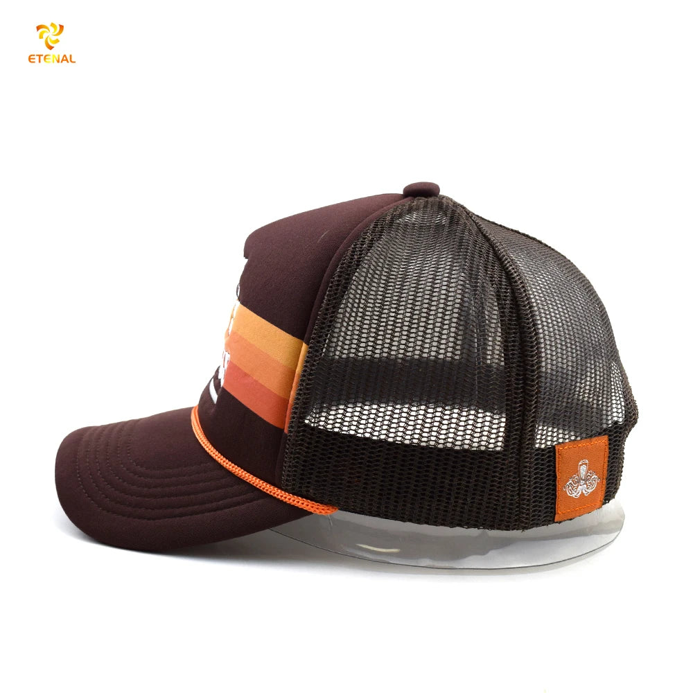Custom 5 Panel Foam Hand Embroidery Logo with Rope Oxford Poplin Trucker Hats Mesh Back Caps