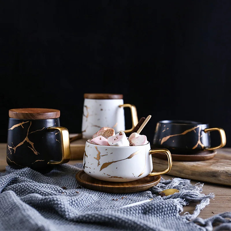 Drop Shipping South Korea Marbled Matte Gold Coffee Mug Japanese Black and White Gold Ceramic Cup Mug with Wood